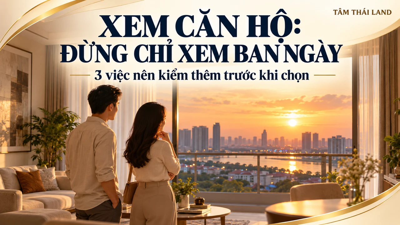 Minh họa vợ chồng xem căn hộ lúc chiều, với ba việc cần kiểm thêm trước khi chọn.